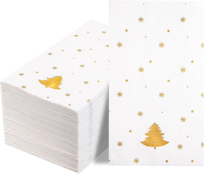 WDF 100Pack Gold Christmas Napkins Disposable - 3ply Christmas Tree Paper Napkins, Premium Quality Disposable Gold, Party Dinner for Tableware Decor - Image 1